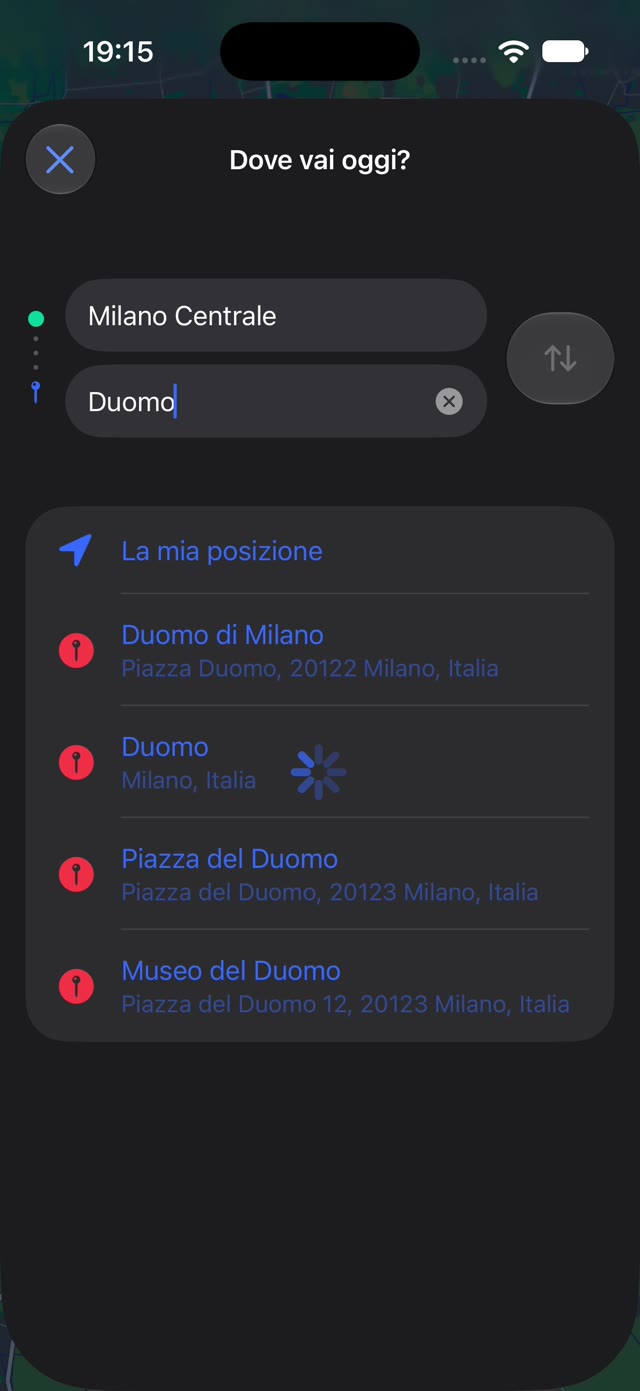 Ricerca dell'app HopHola: dove vai oggi, da Milano Centrale al Duomo