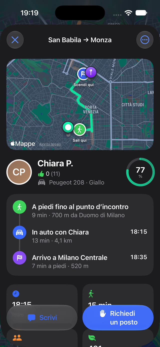 Dettaglio del passaggio: a piedi fino al punto d'incontro, in auto con il conducente, a piedi fino all'arrivo