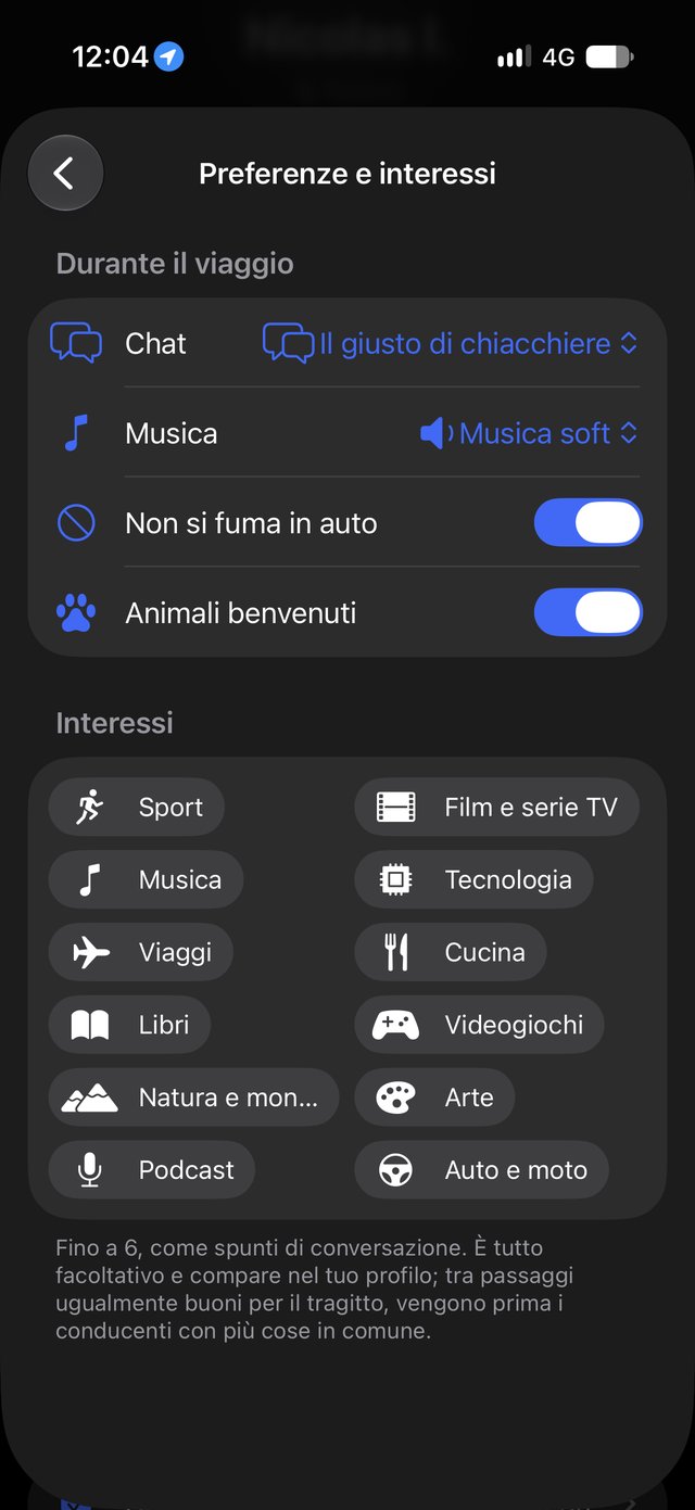 Preferenze durante il viaggio (chiacchiere, musica, non si fuma, animali benvenuti) e interessi